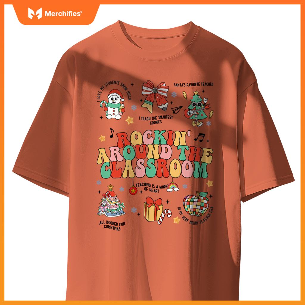 Christmas Rockin' Around The Classroom Teacher Retro Groovy