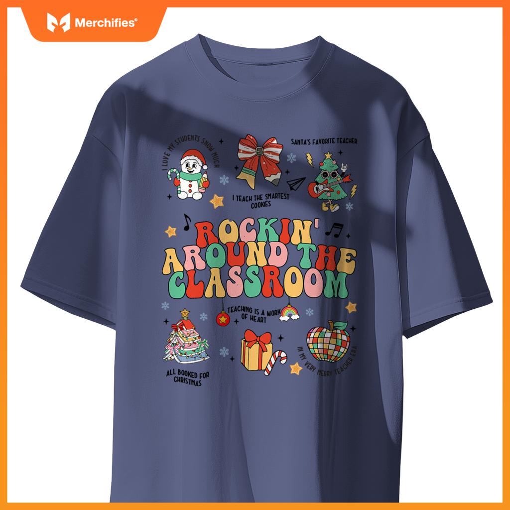 Christmas Rockin' Around The Classroom Teacher Retro Groovy