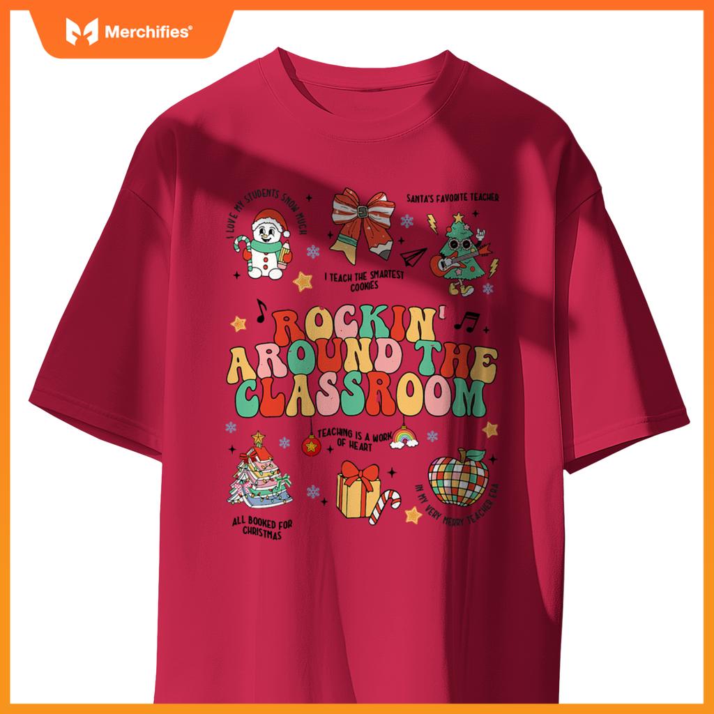 Christmas Rockin' Around The Classroom Teacher Retro Groovy