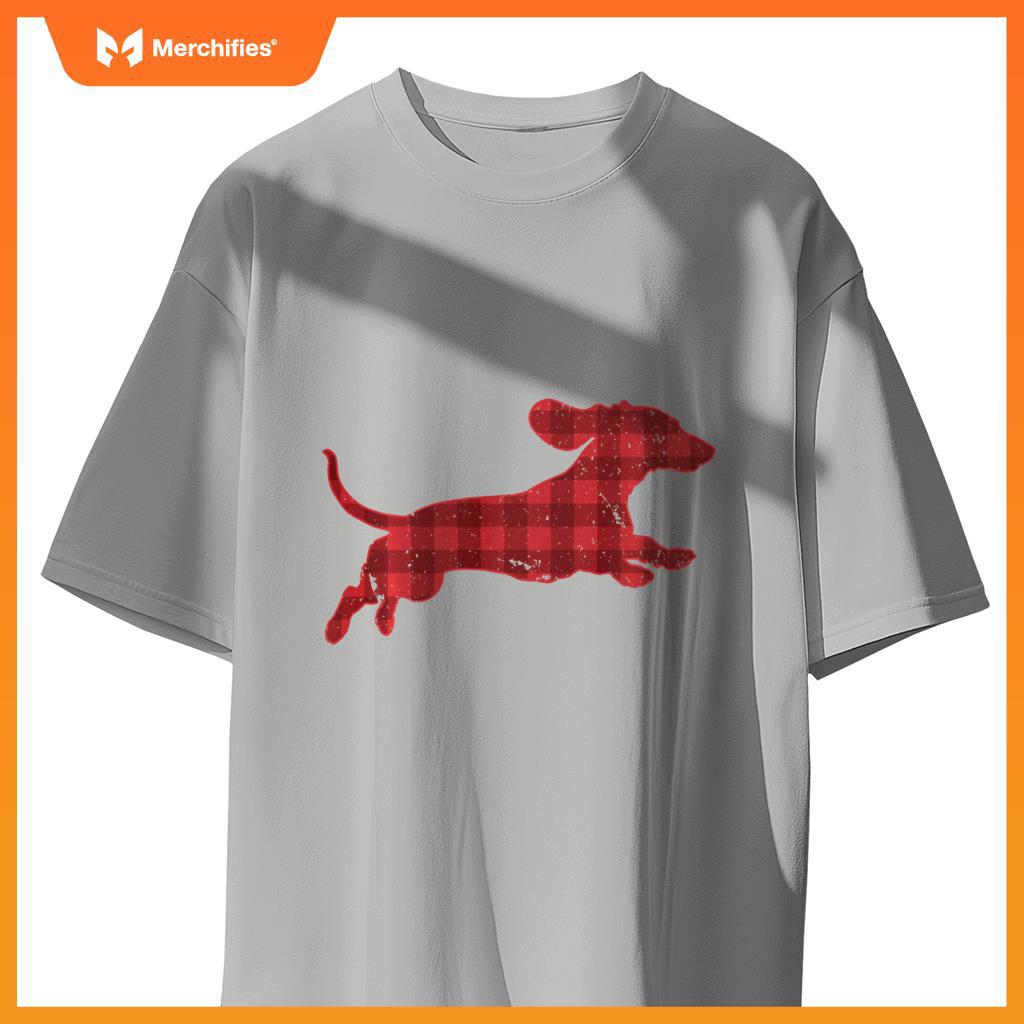 Christmas Running Wiener Dachshund Dog Buffalo Plaid T-Shirt