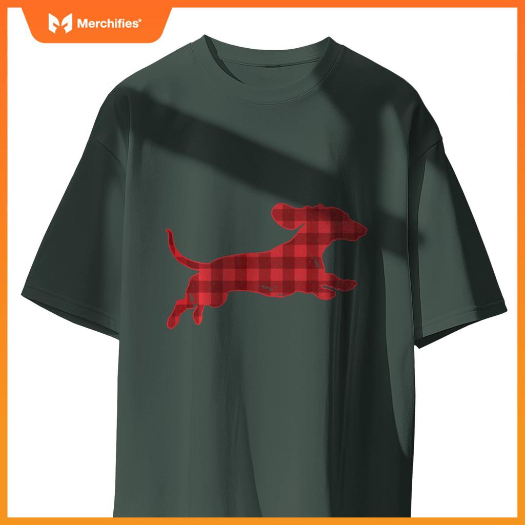Christmas Running Wiener Dachshund Dog Buffalo Plaid T-Shirt