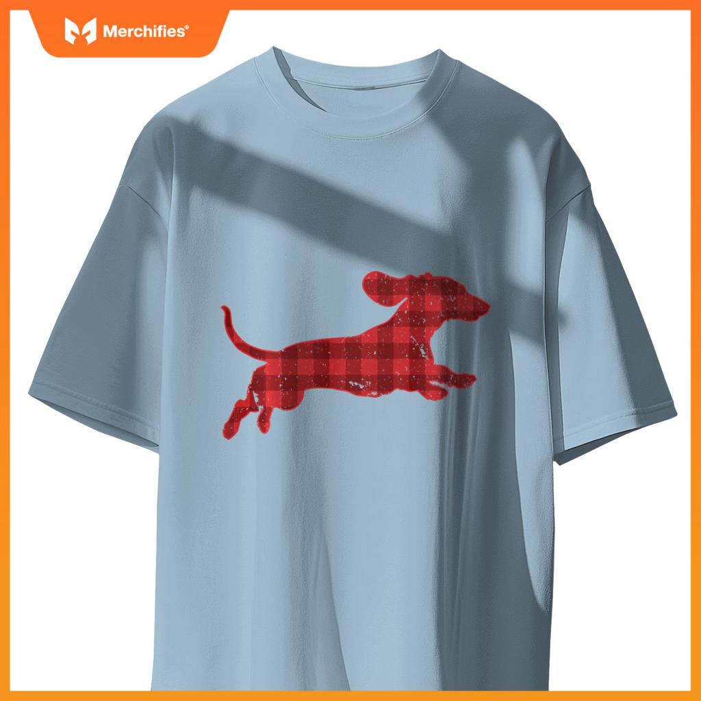 Christmas Running Wiener Dachshund Dog Buffalo Plaid T-Shirt