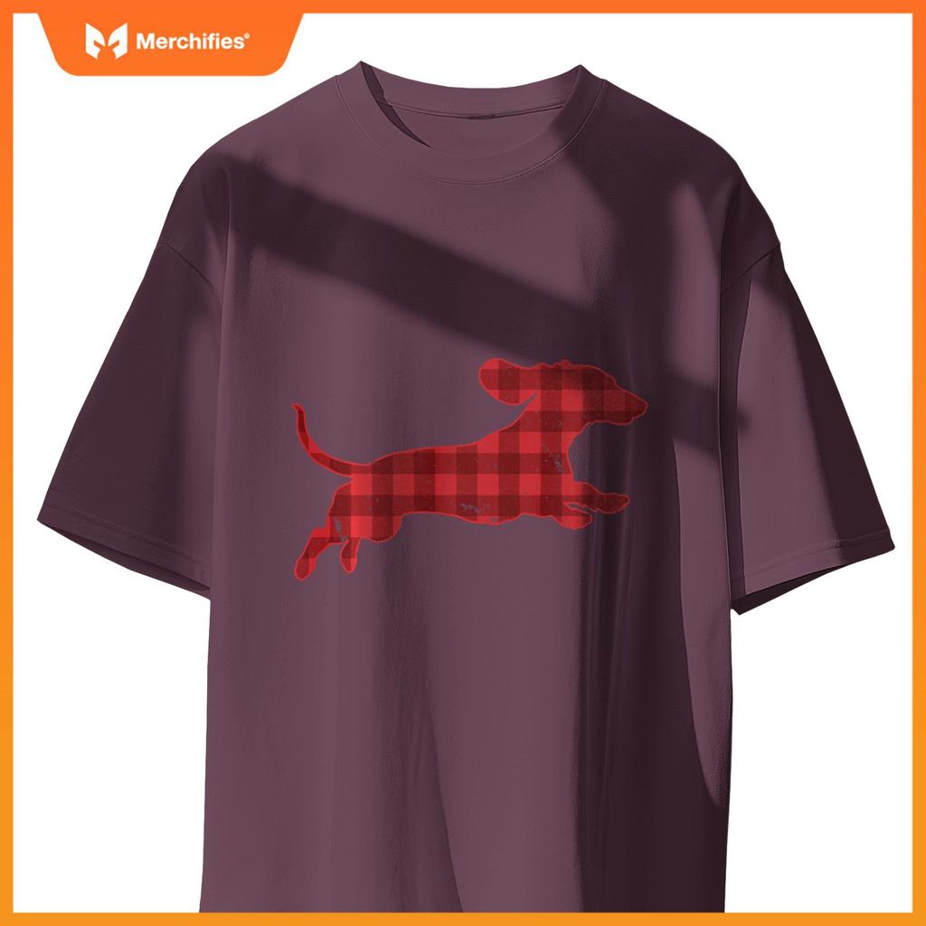 Christmas Running Wiener Dachshund Dog Buffalo Plaid T-Shirt
