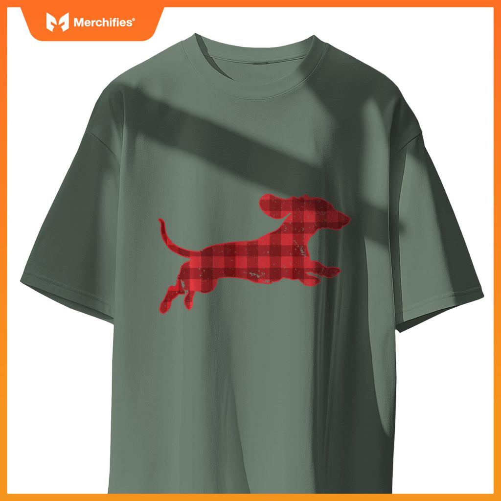 Christmas Running Wiener Dachshund Dog Buffalo Plaid T-Shirt