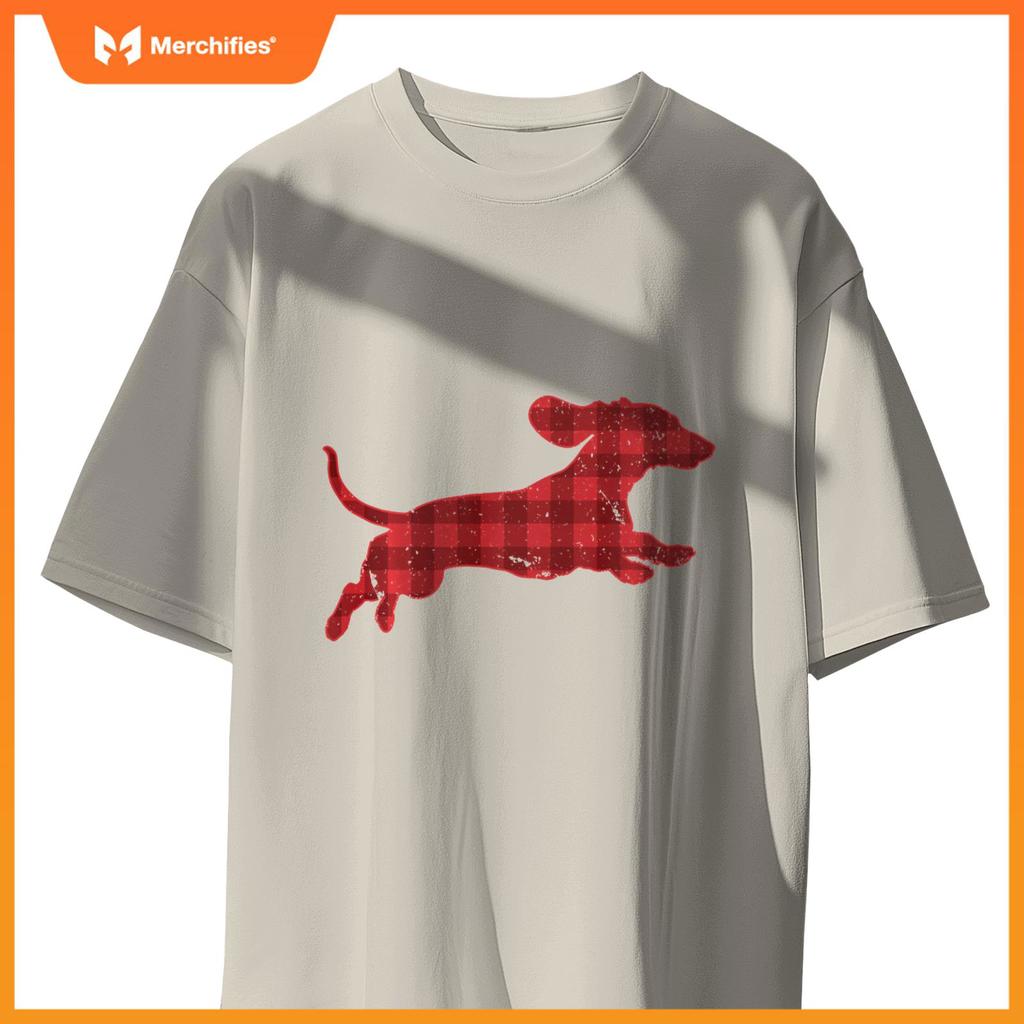 Christmas Running Wiener Dachshund Dog Buffalo Plaid T-Shirt
