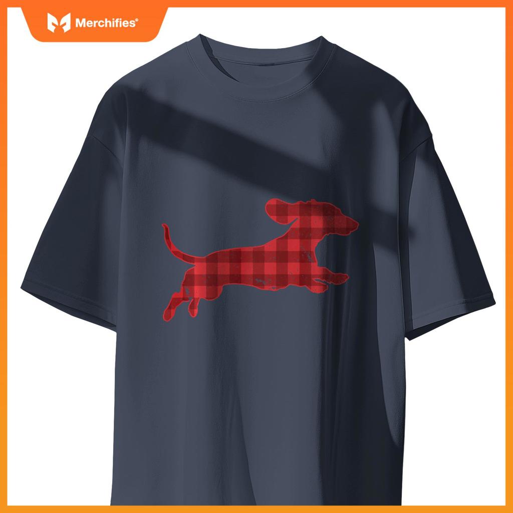 Christmas Running Wiener Dachshund Dog Buffalo Plaid T-Shirt