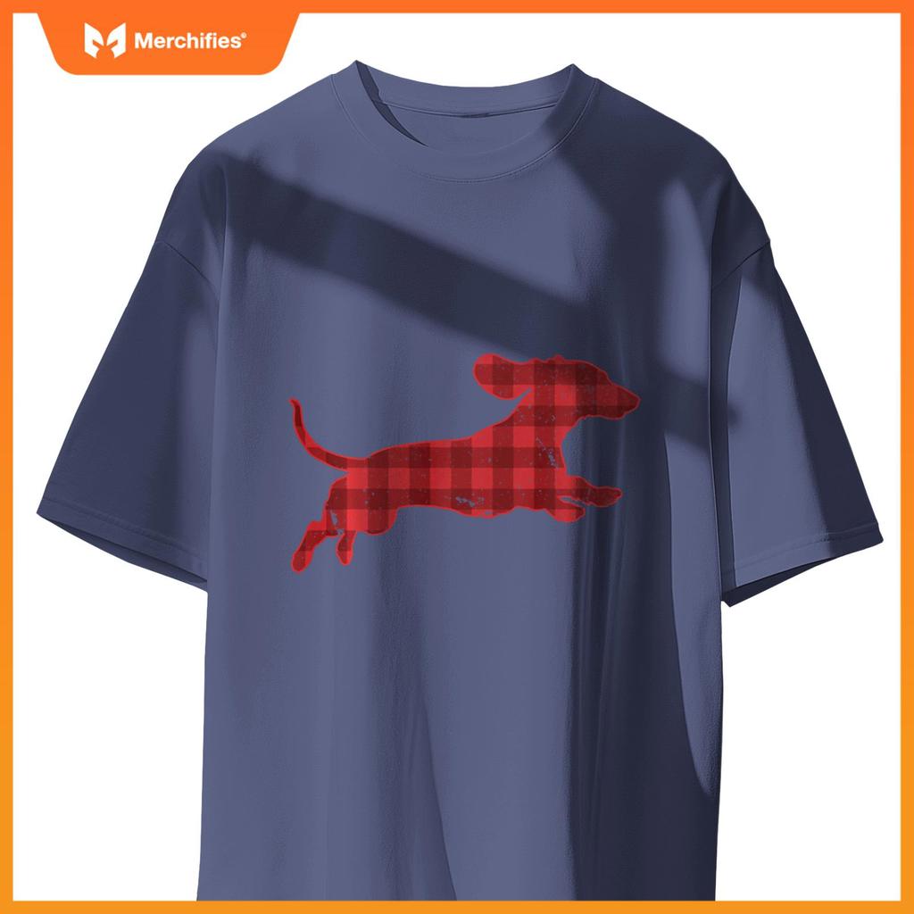 Christmas Running Wiener Dachshund Dog Buffalo Plaid T-Shirt