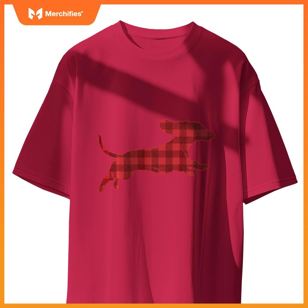 Christmas Running Wiener Dachshund Dog Buffalo Plaid T-Shirt