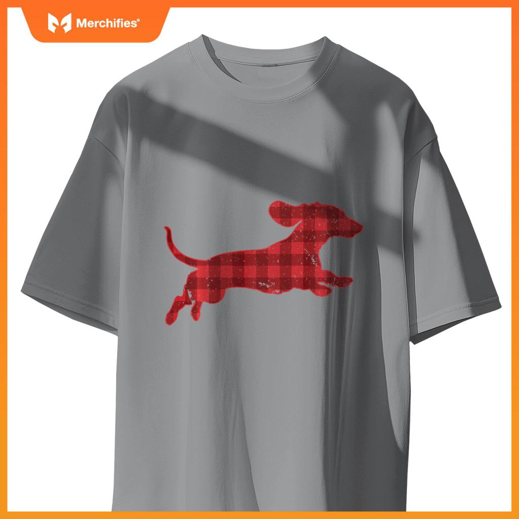 Christmas Running Wiener Dachshund Dog Buffalo Plaid T-Shirt