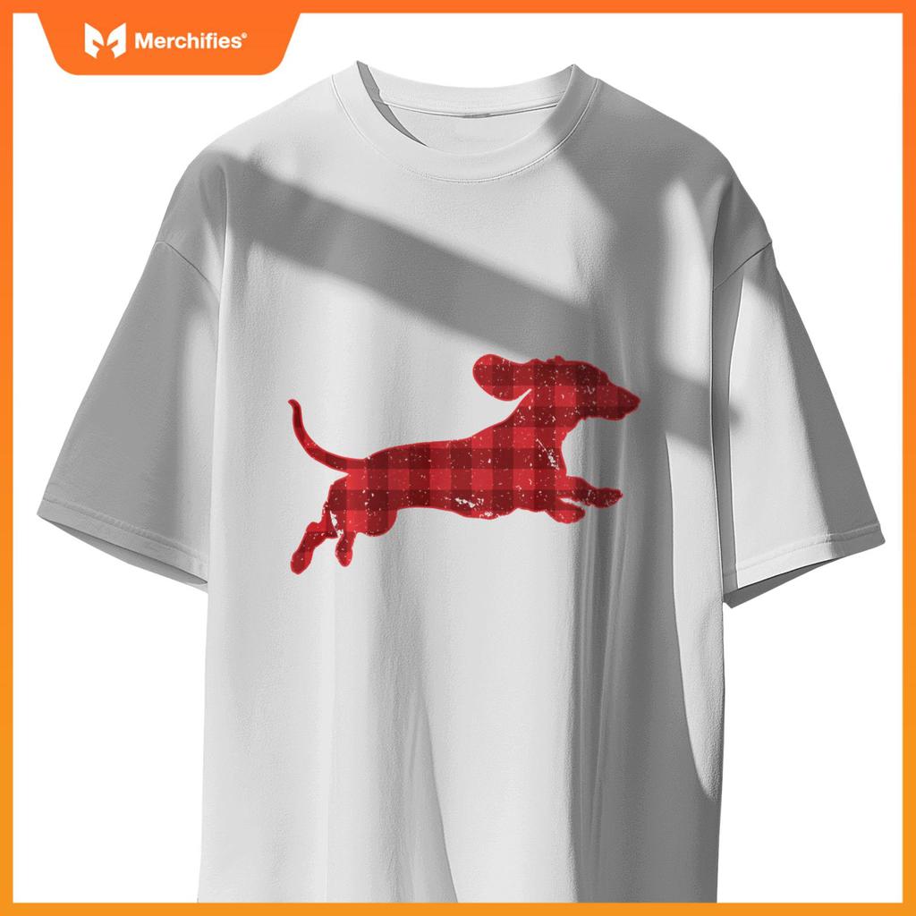 Christmas Running Wiener Dachshund Dog Buffalo Plaid T-Shirt