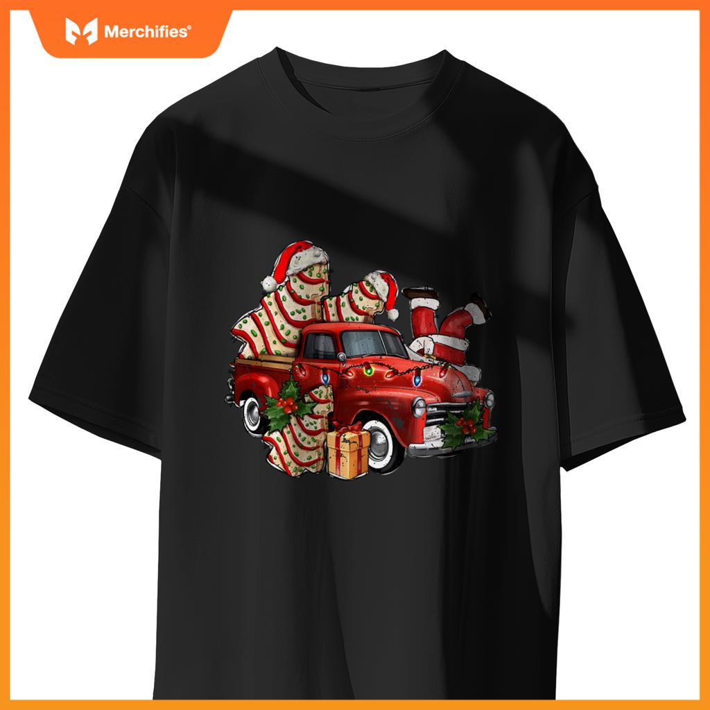 Christmas Tree Cake With Farm Truck And Santa Xmas Holiday T-Shirt