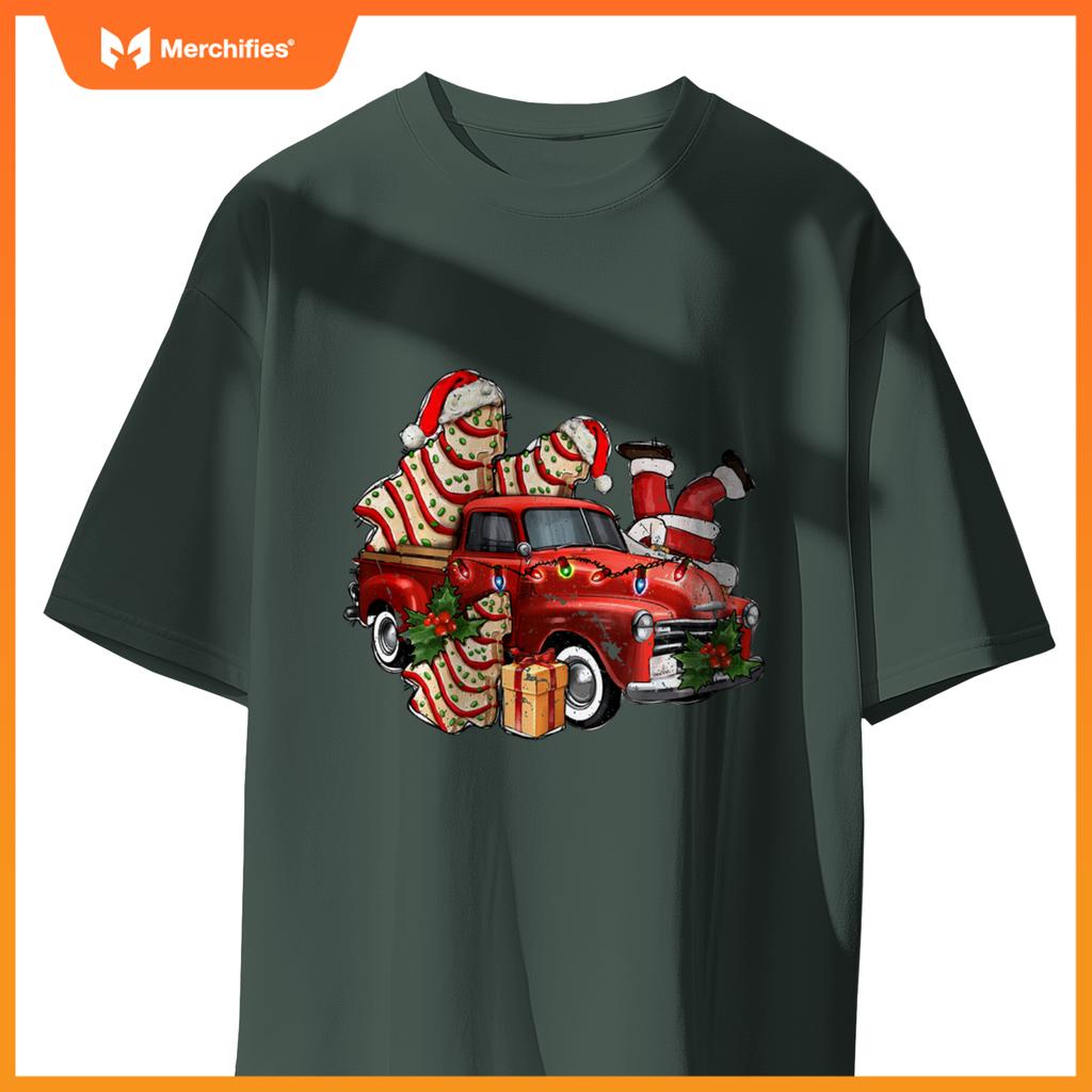 Christmas Tree Cake With Farm Truck And Santa Xmas Holiday T-Shirt