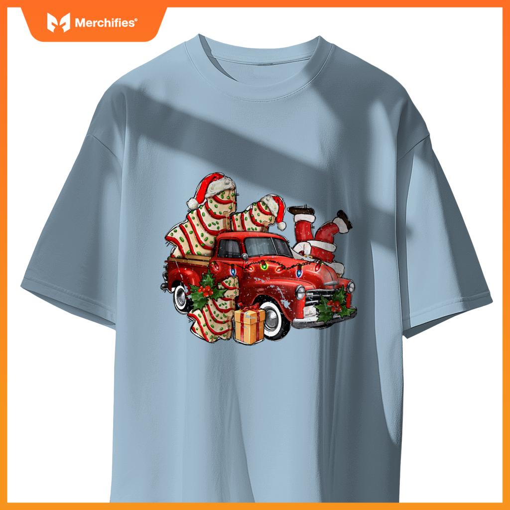Christmas Tree Cake With Farm Truck And Santa Xmas Holiday T-Shirt