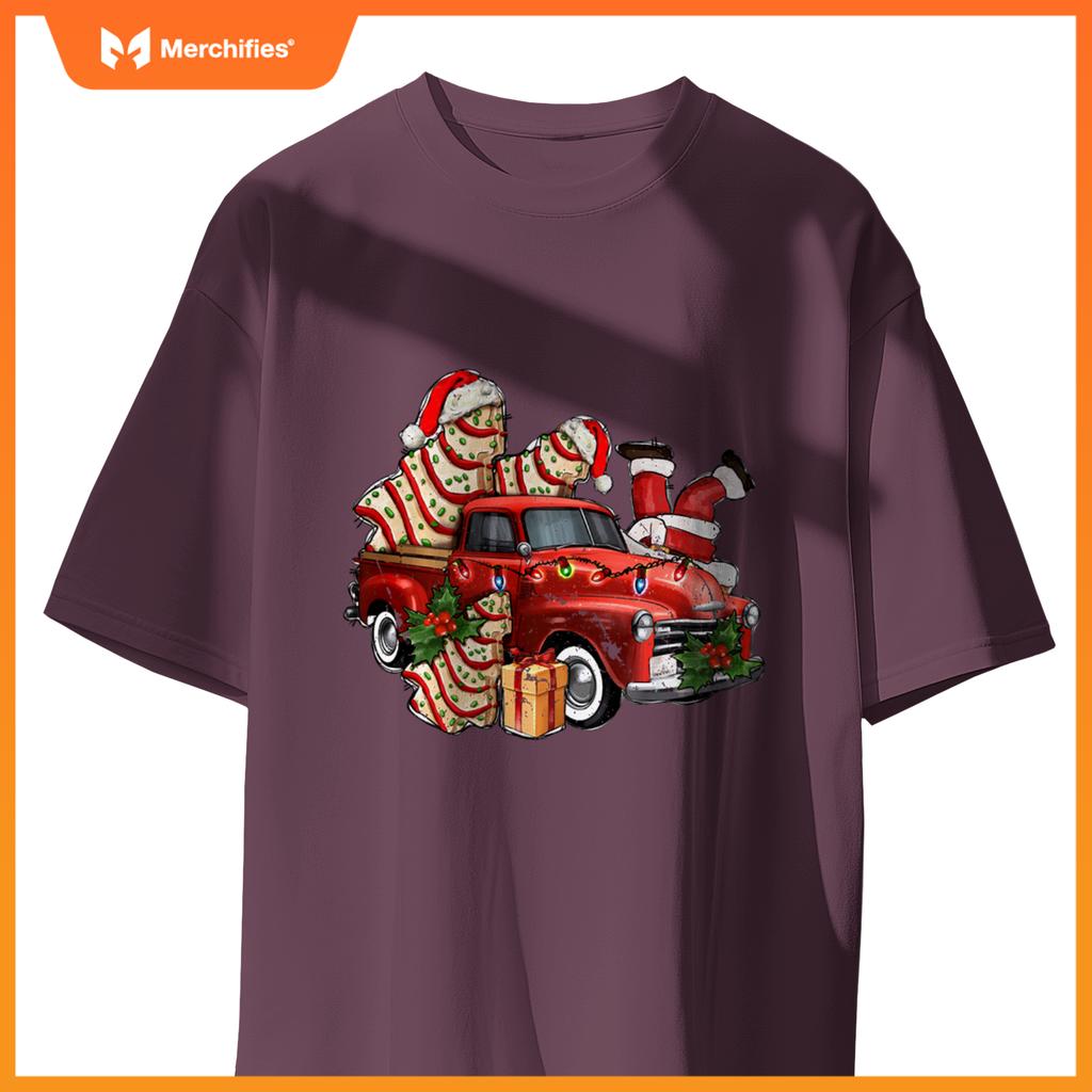 Christmas Tree Cake With Farm Truck And Santa Xmas Holiday T-Shirt