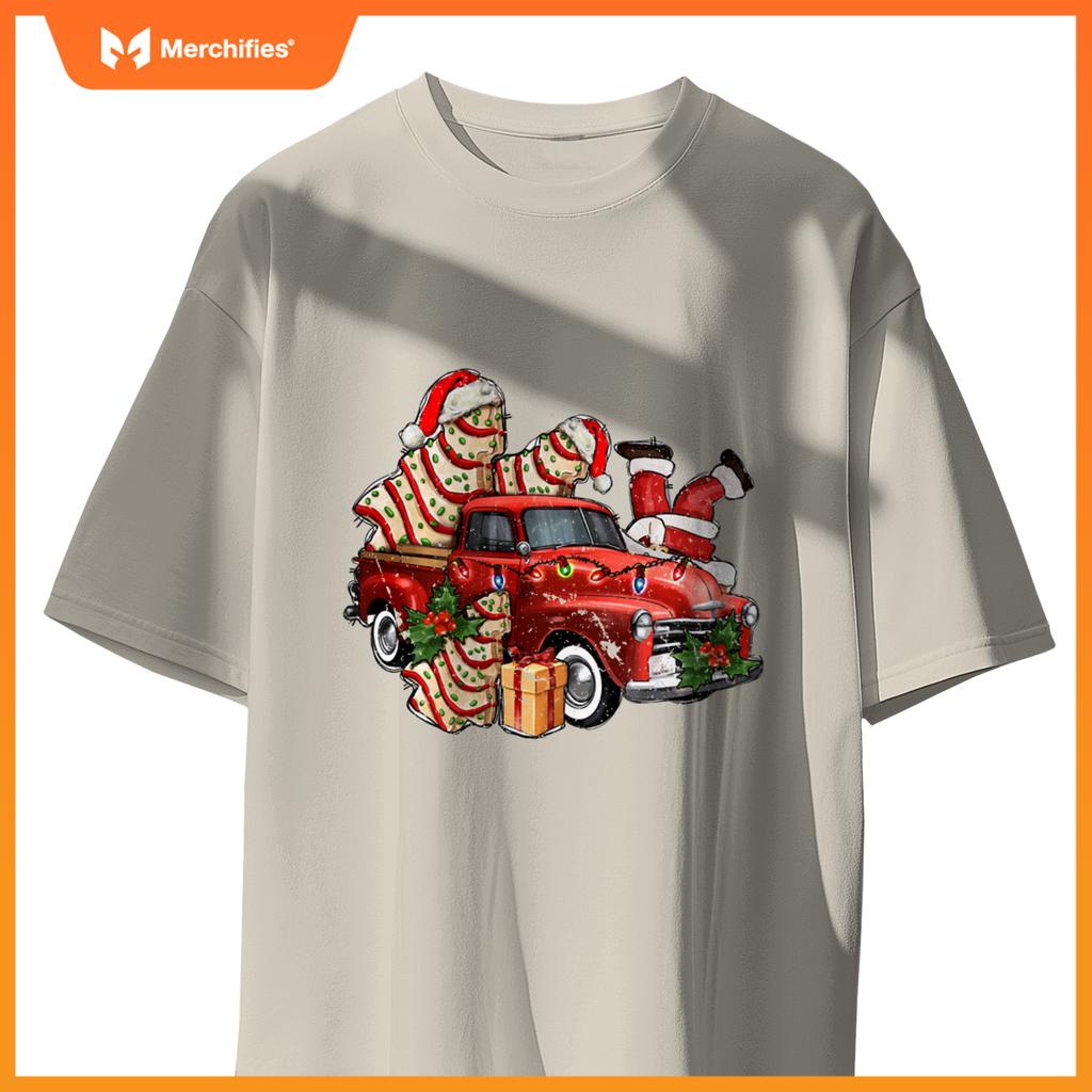 Christmas Tree Cake With Farm Truck And Santa Xmas Holiday T-Shirt