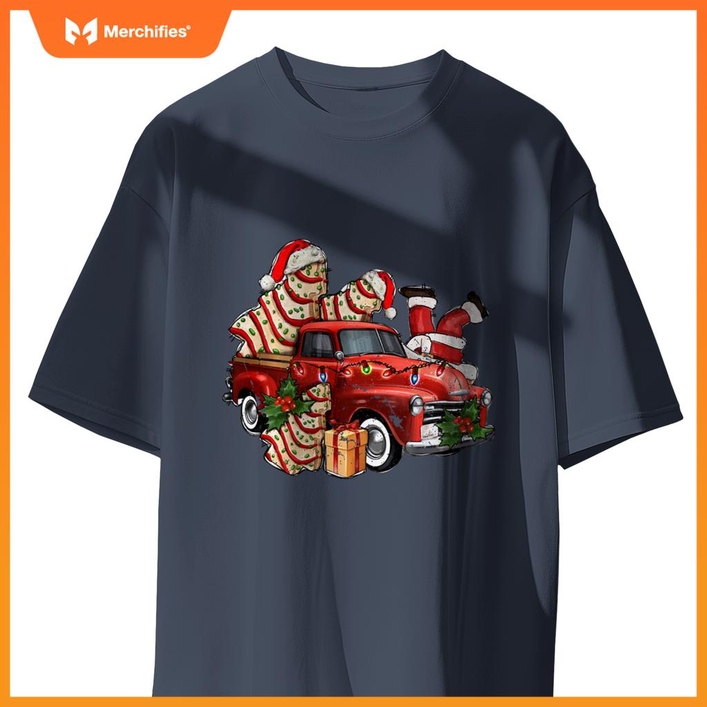 Christmas Tree Cake With Farm Truck And Santa Xmas Holiday T-Shirt