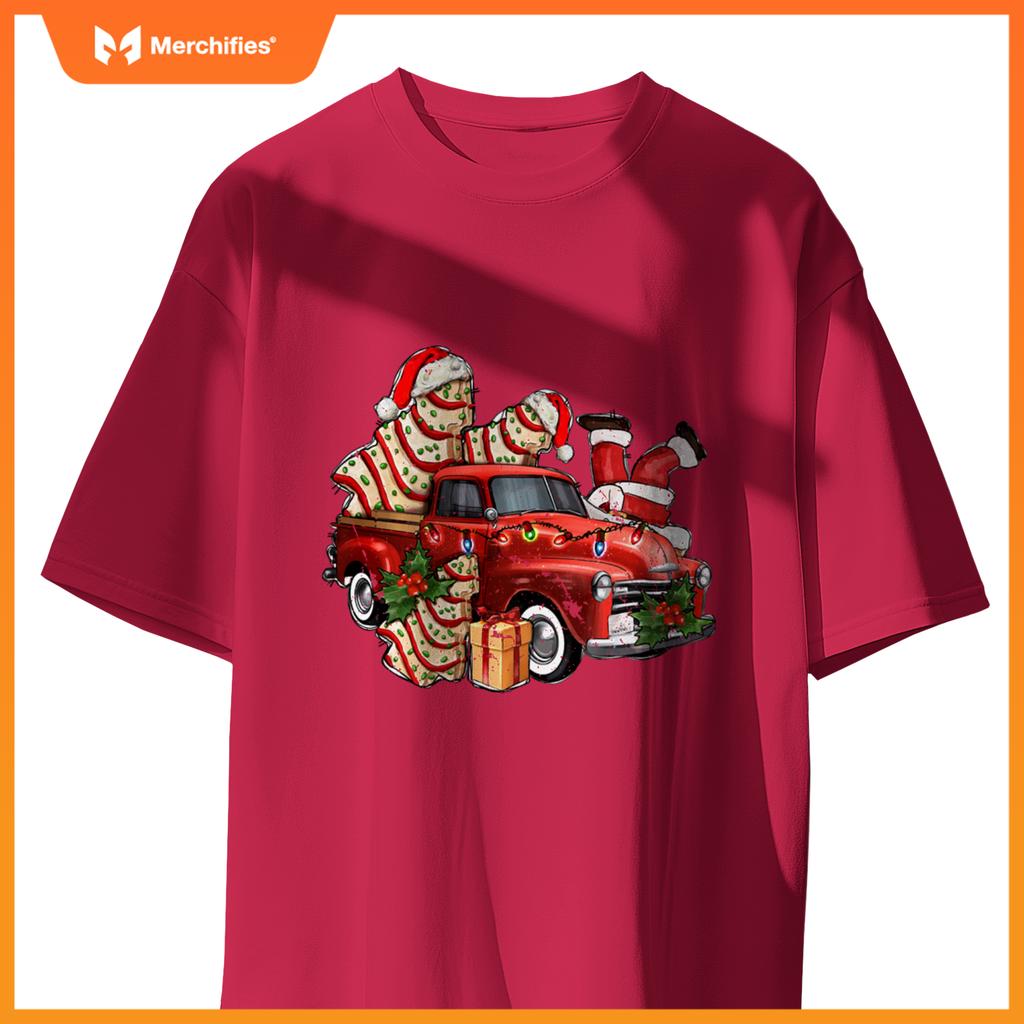 Christmas Tree Cake With Farm Truck And Santa Xmas Holiday T-Shirt