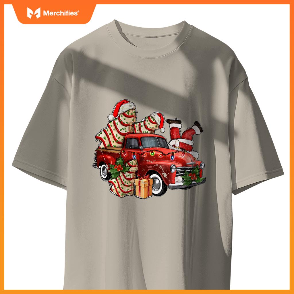 Christmas Tree Cake With Farm Truck And Santa Xmas Holiday T-Shirt
