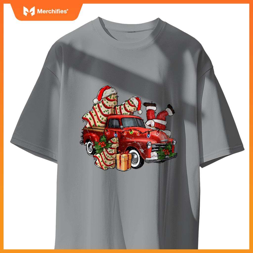 Christmas Tree Cake With Farm Truck And Santa Xmas Holiday T-Shirt