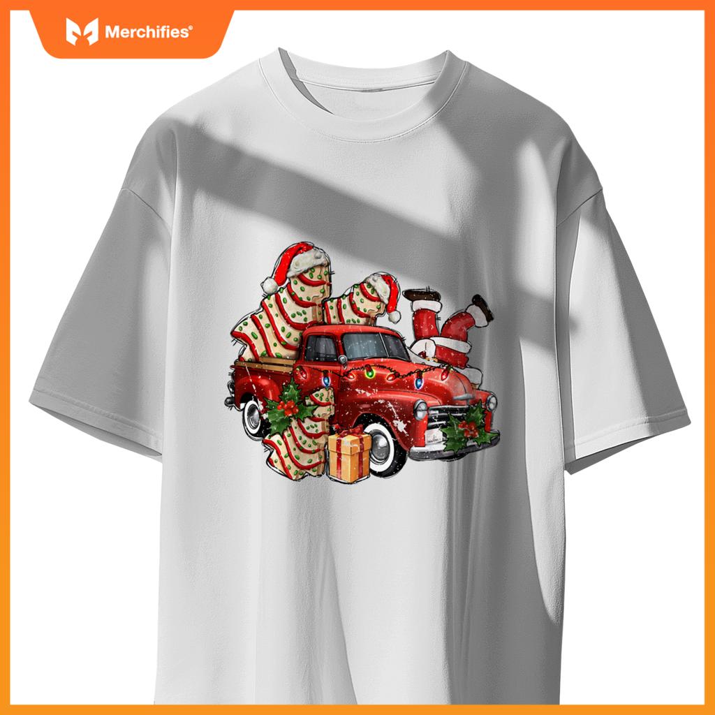 Christmas Tree Cake With Farm Truck And Santa Xmas Holiday T-Shirt