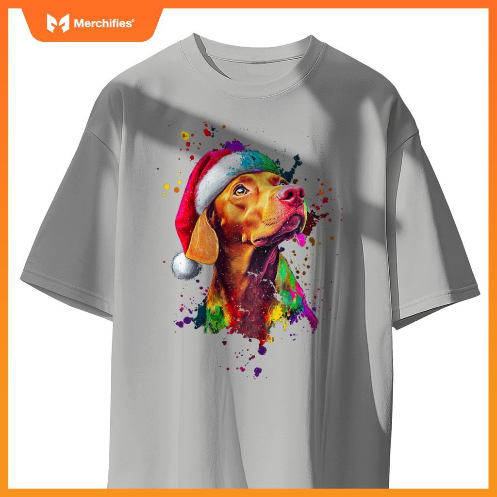 Colorful Vizsla Santa Hat Artistic Christmas Dog T-Shirt