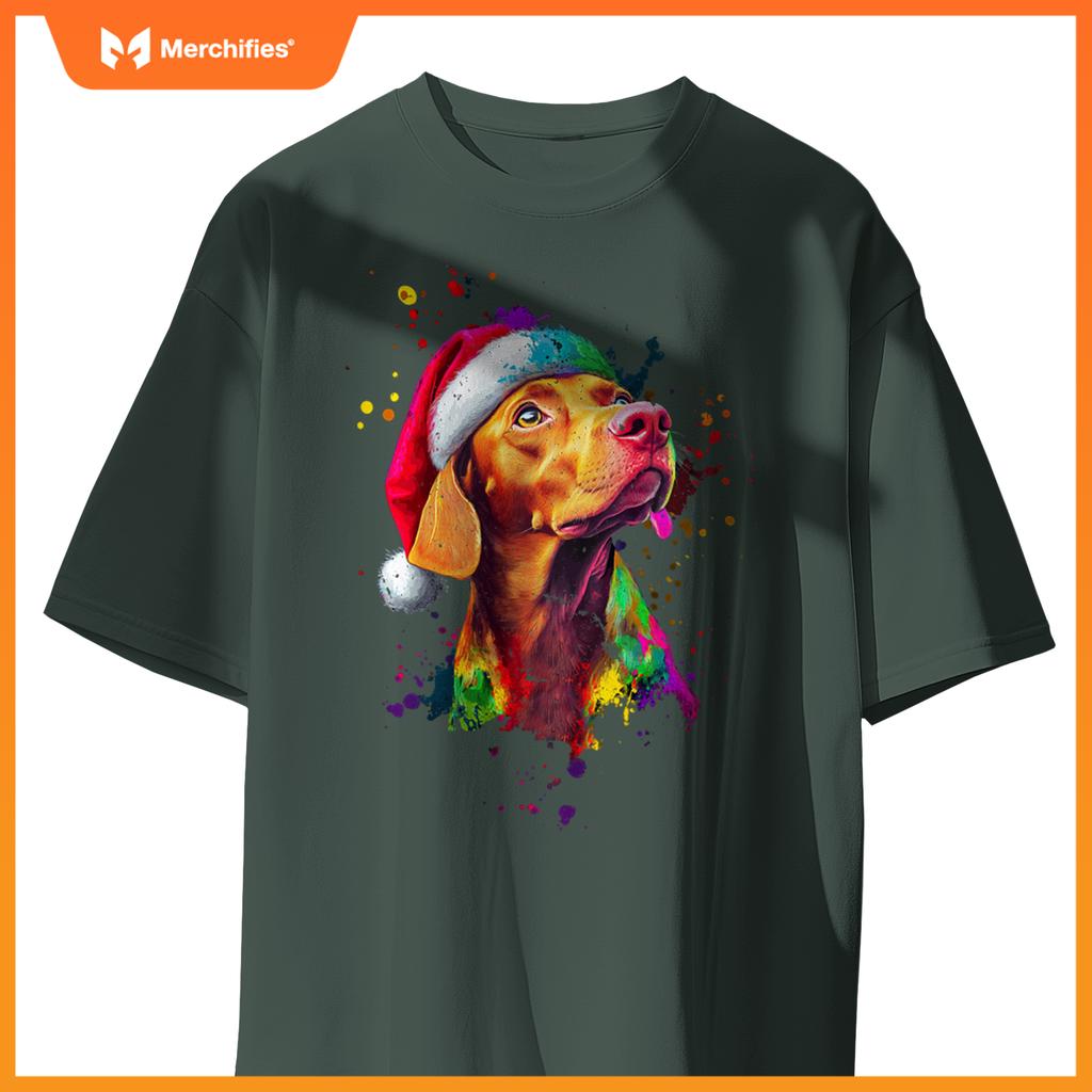 Colorful Vizsla Santa Hat Artistic Christmas Dog T-Shirt