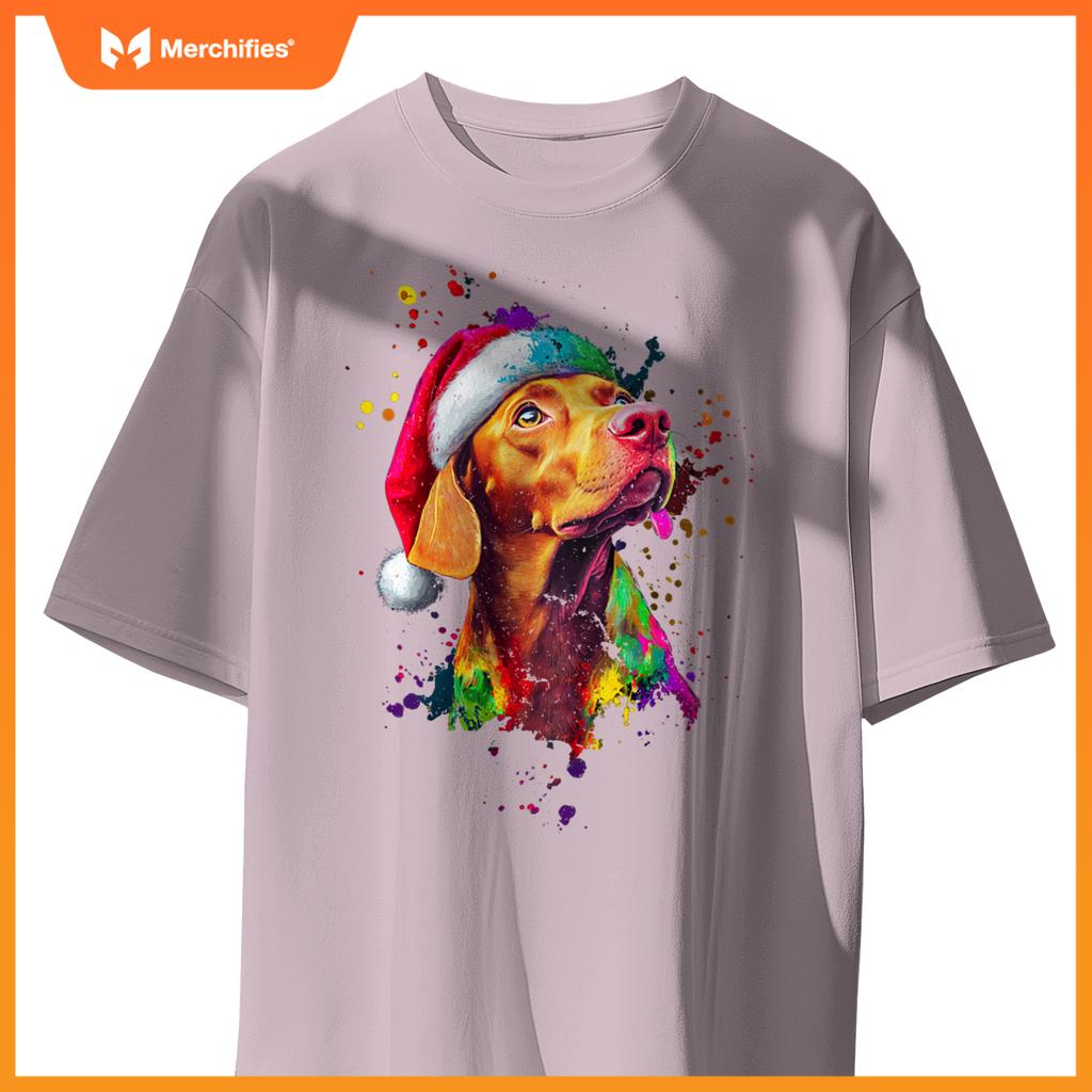 Colorful Vizsla Santa Hat Artistic Christmas Dog T-Shirt