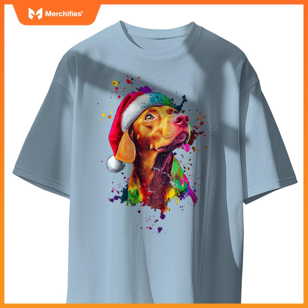 Colorful Vizsla Santa Hat Artistic Christmas Dog T-Shirt
