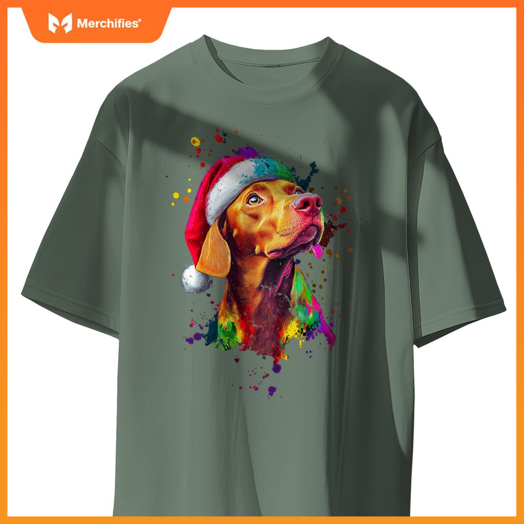 Colorful Vizsla Santa Hat Artistic Christmas Dog T-Shirt