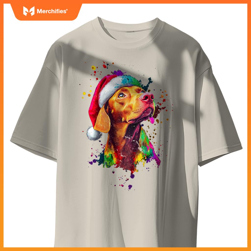 Colorful Vizsla Santa Hat Artistic Christmas Dog T-Shirt