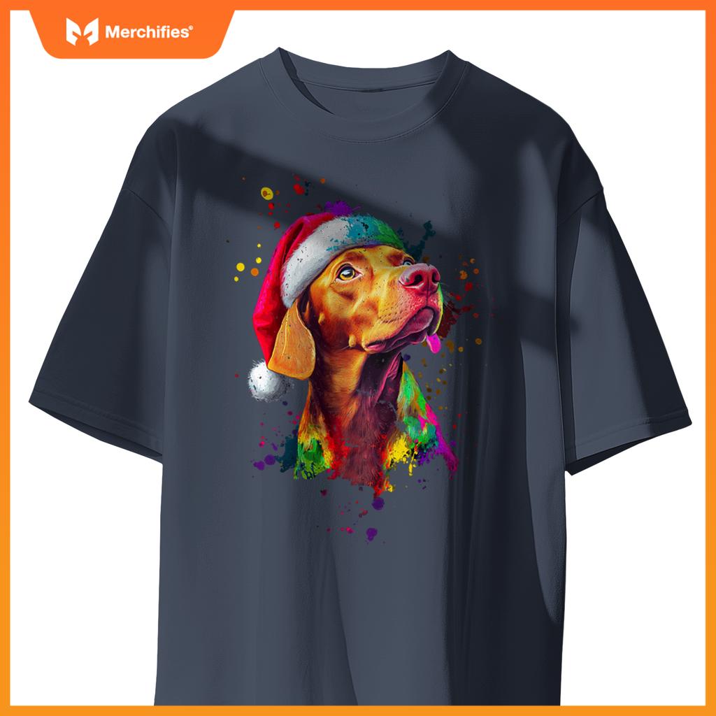 Colorful Vizsla Santa Hat Artistic Christmas Dog T-Shirt