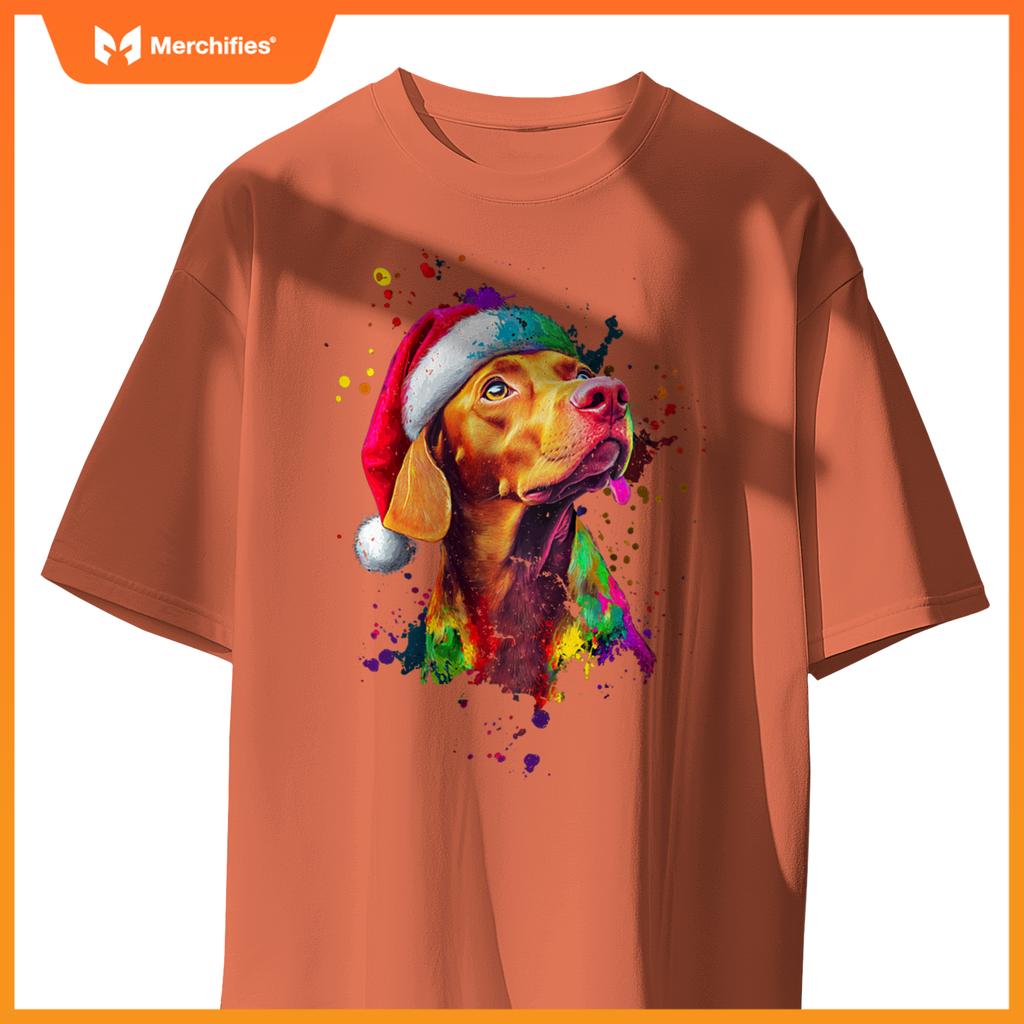 Colorful Vizsla Santa Hat Artistic Christmas Dog T-Shirt