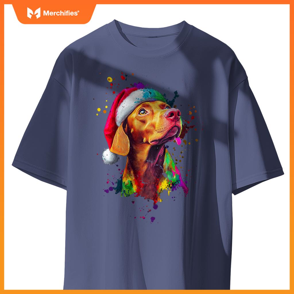 Colorful Vizsla Santa Hat Artistic Christmas Dog T-Shirt