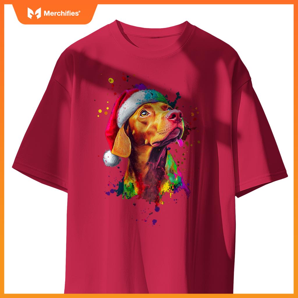 Colorful Vizsla Santa Hat Artistic Christmas Dog T-Shirt