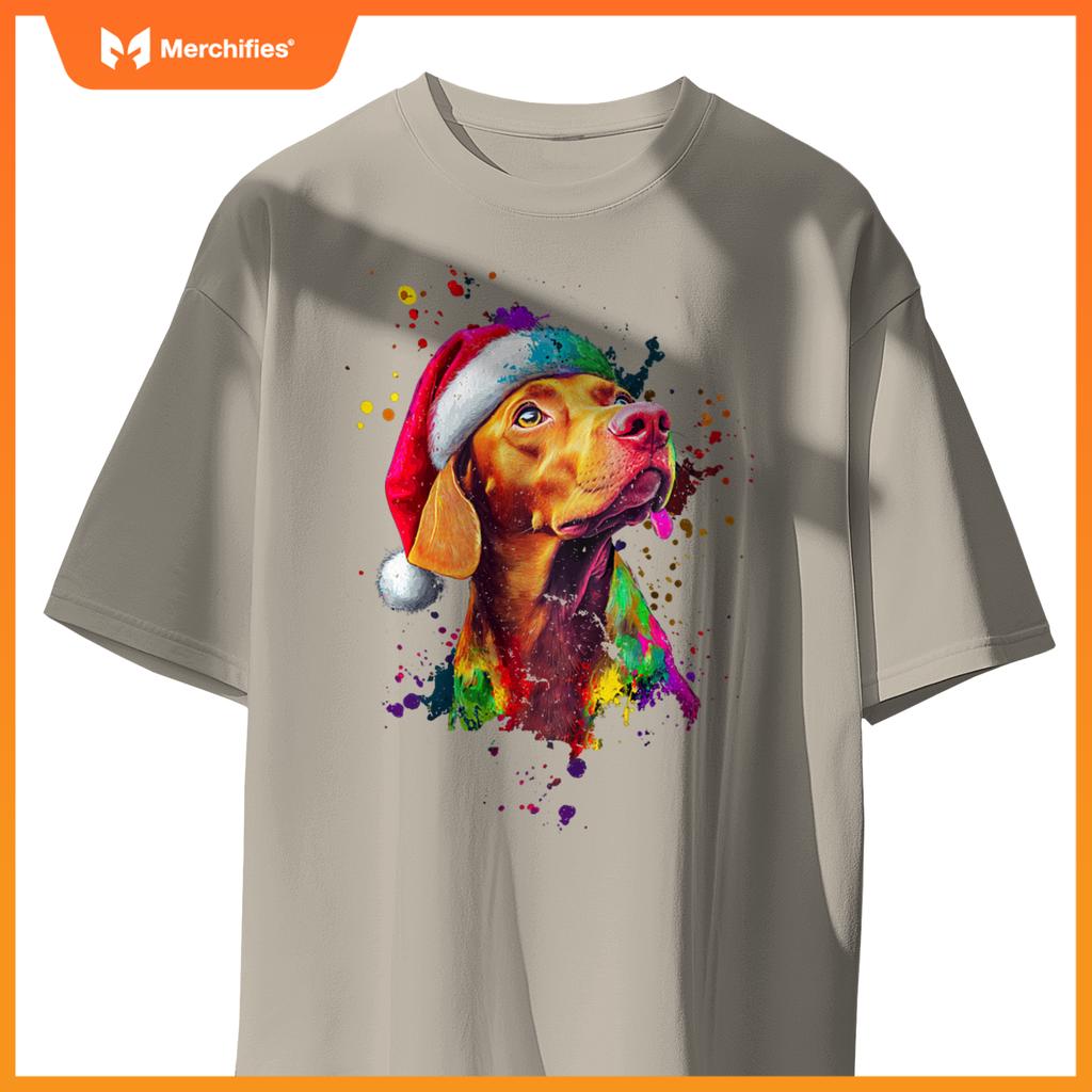 Colorful Vizsla Santa Hat Artistic Christmas Dog T-Shirt