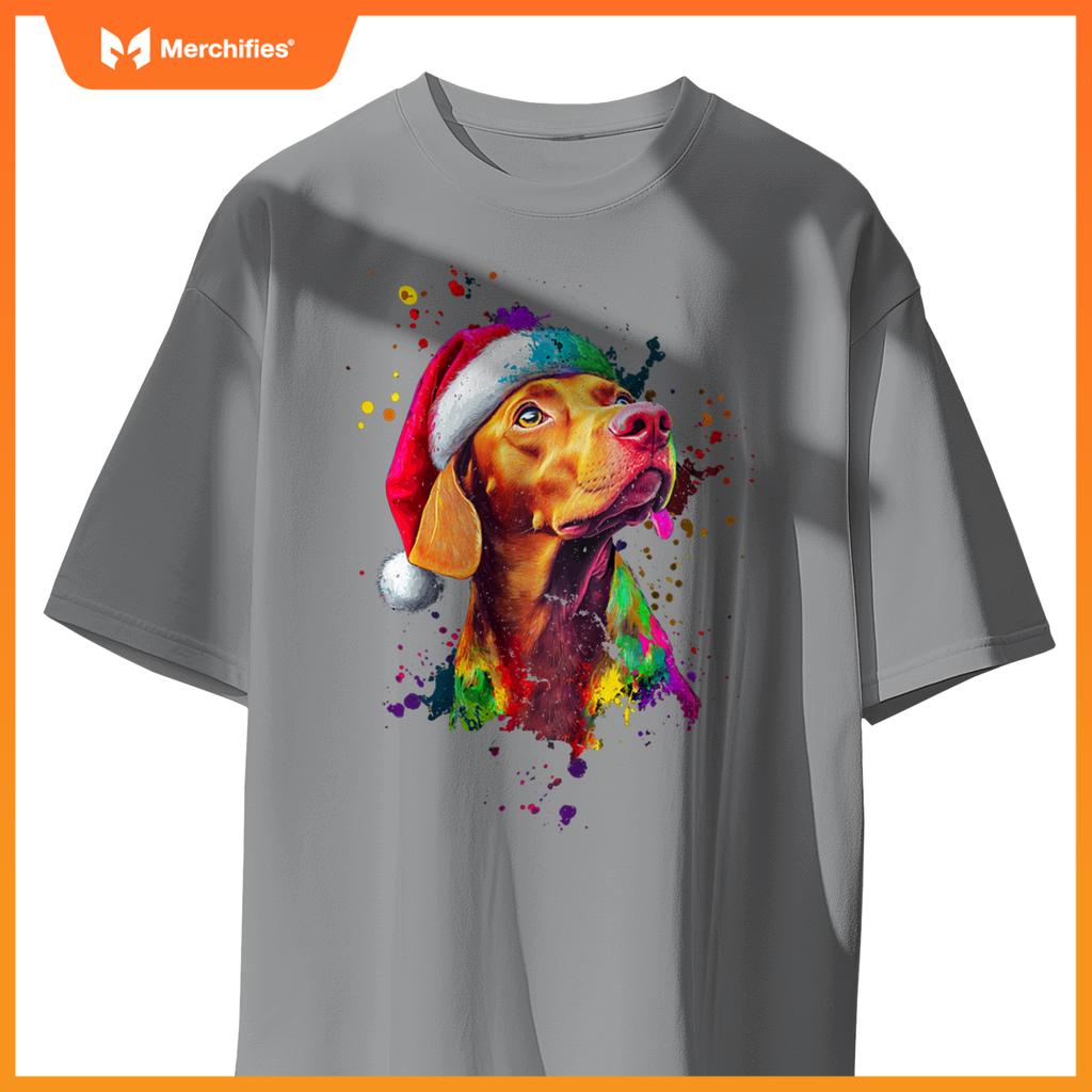 Colorful Vizsla Santa Hat Artistic Christmas Dog T-Shirt