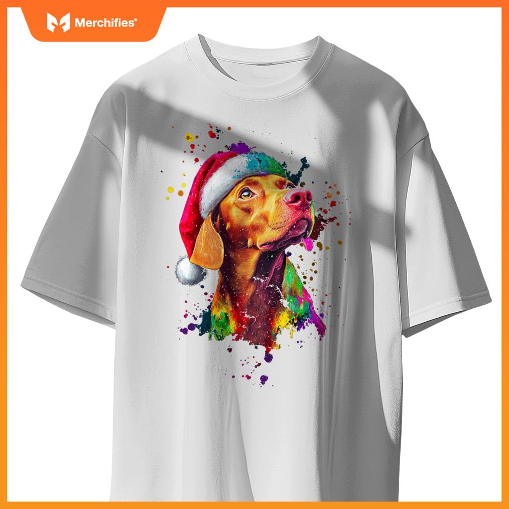 Colorful Vizsla Santa Hat Artistic Christmas Dog T-Shirt