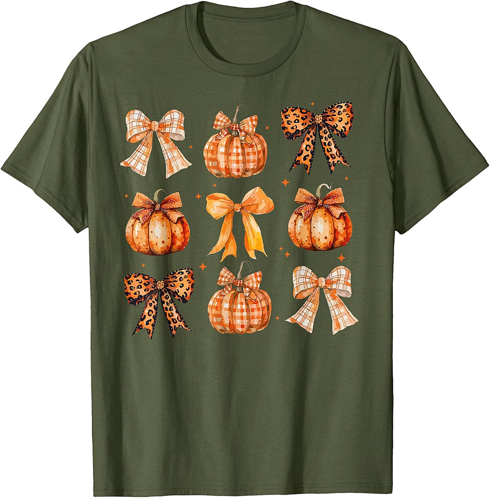 Coquette Bow Pumpkin Season Thanksgiving Autumn Fall Leaves T-Shirt