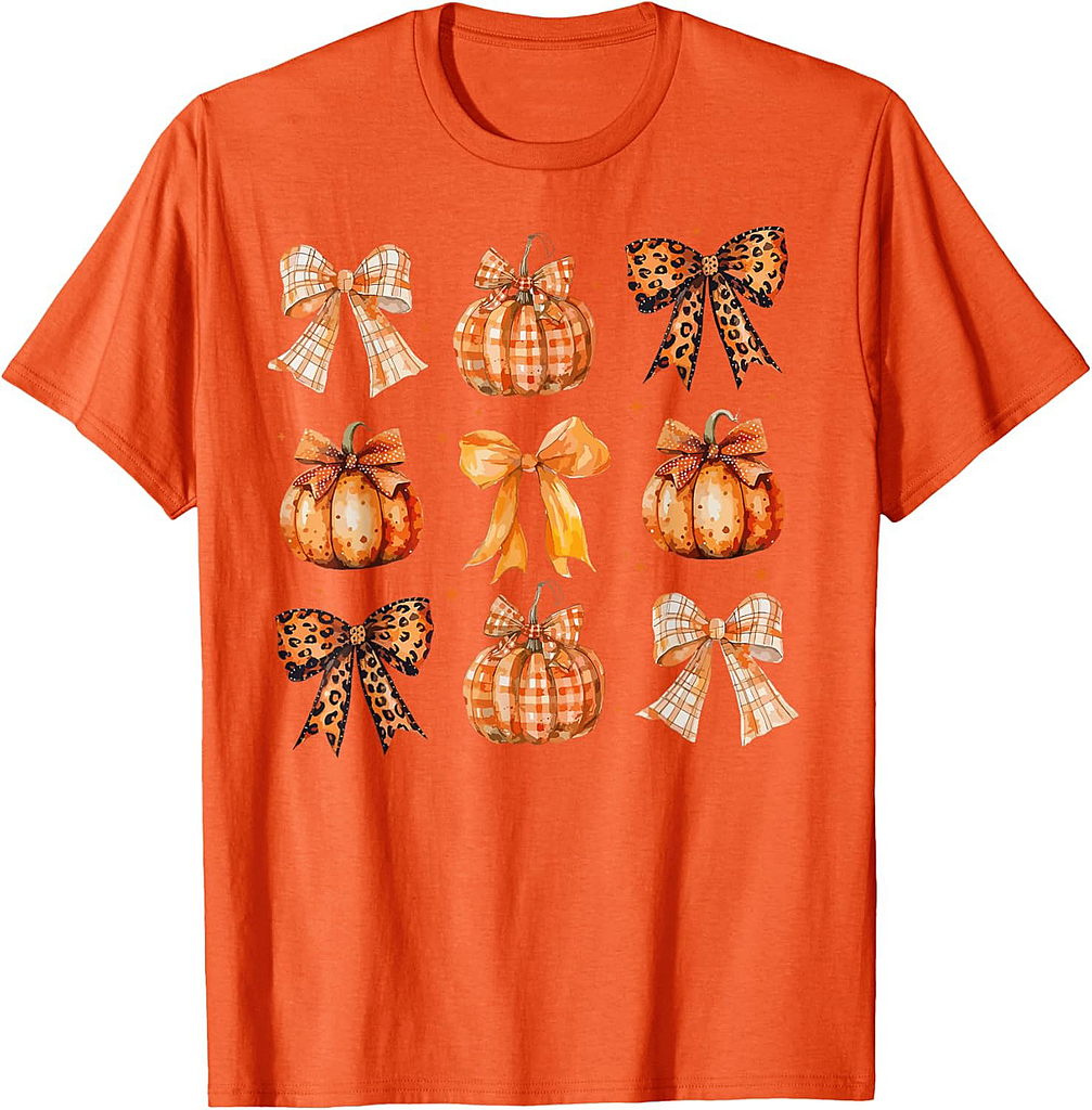 Coquette Bow Pumpkin Season Thanksgiving Autumn Fall Leaves T-Shirt