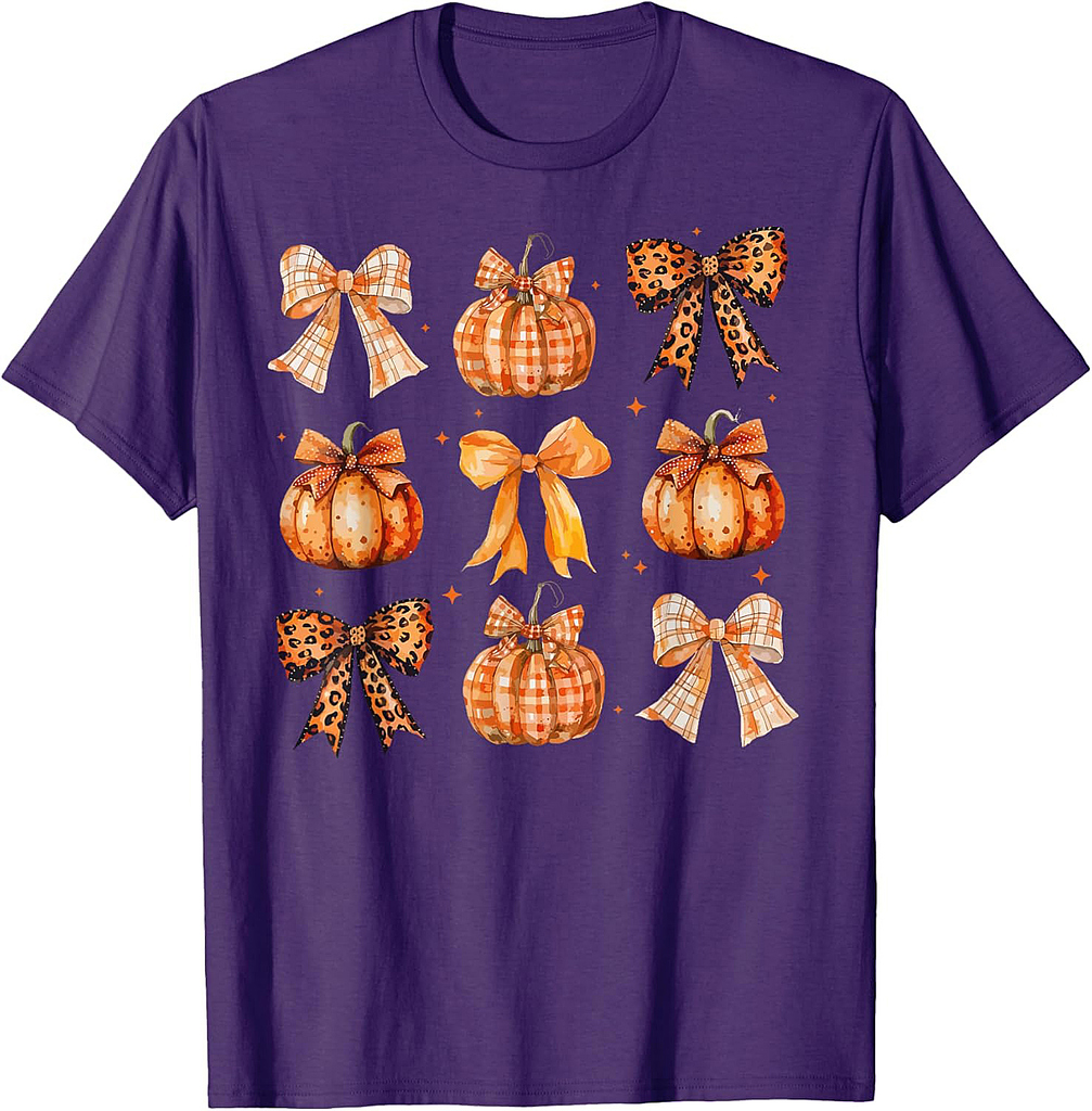 Coquette Bow Pumpkin Season Thanksgiving Autumn Fall Leaves T-Shirt