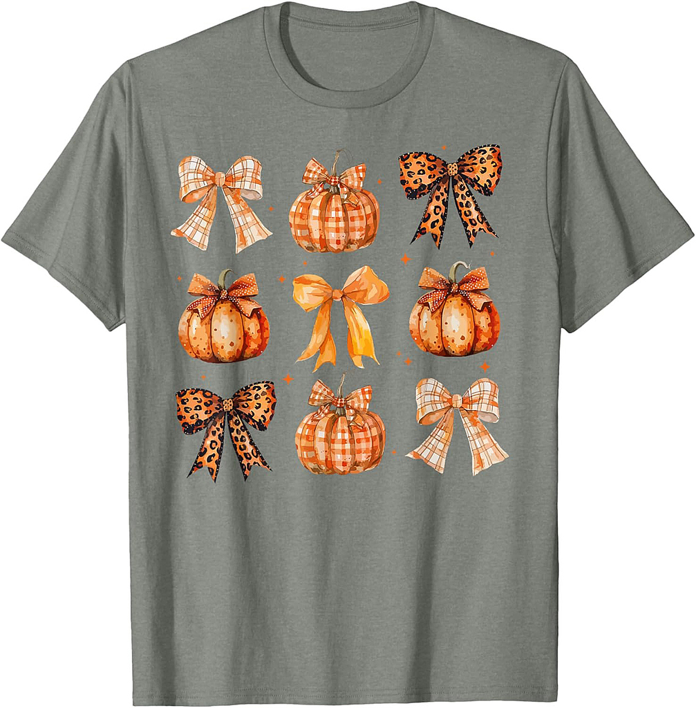 Coquette Bow Pumpkin Season Thanksgiving Autumn Fall Leaves T-Shirt