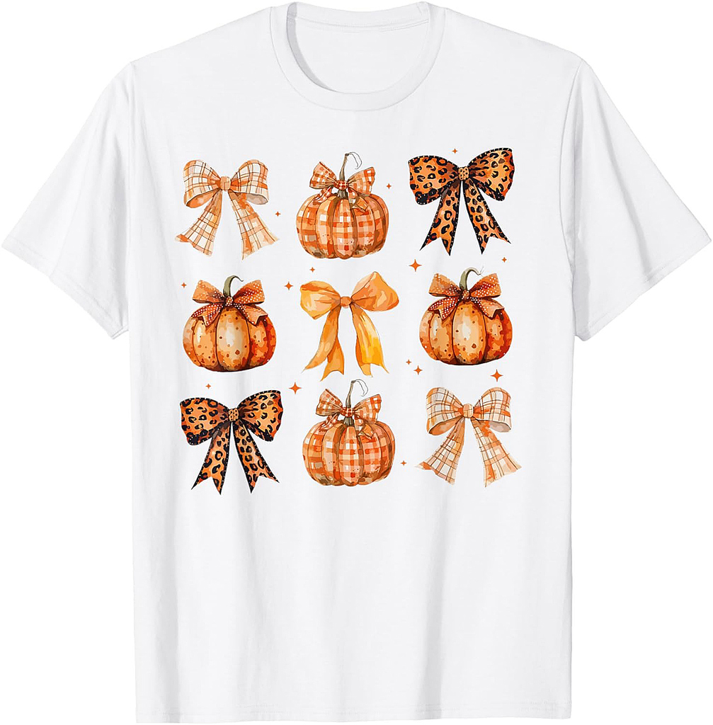 Coquette Bow Pumpkin Season Thanksgiving Autumn Fall Leaves T-Shirt