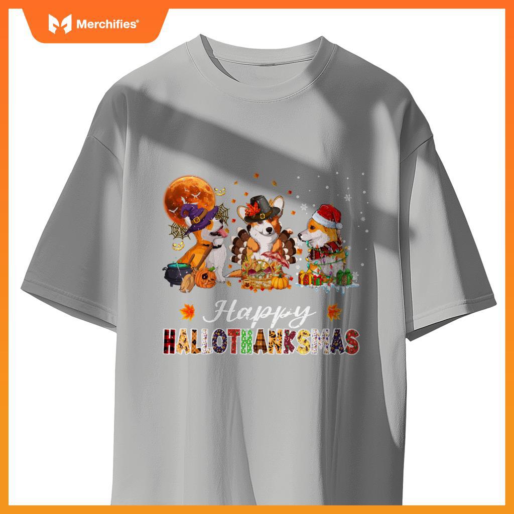 Corgi Dogs Halloween Thanksgiving Christmas Hallothanksmas T-Shirt
