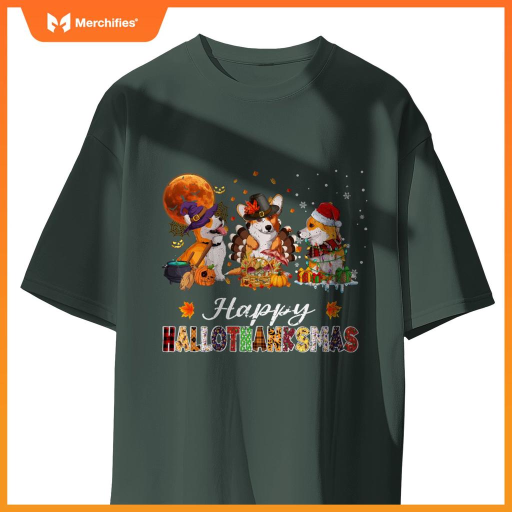 Corgi Dogs Halloween Thanksgiving Christmas Hallothanksmas T-Shirt
