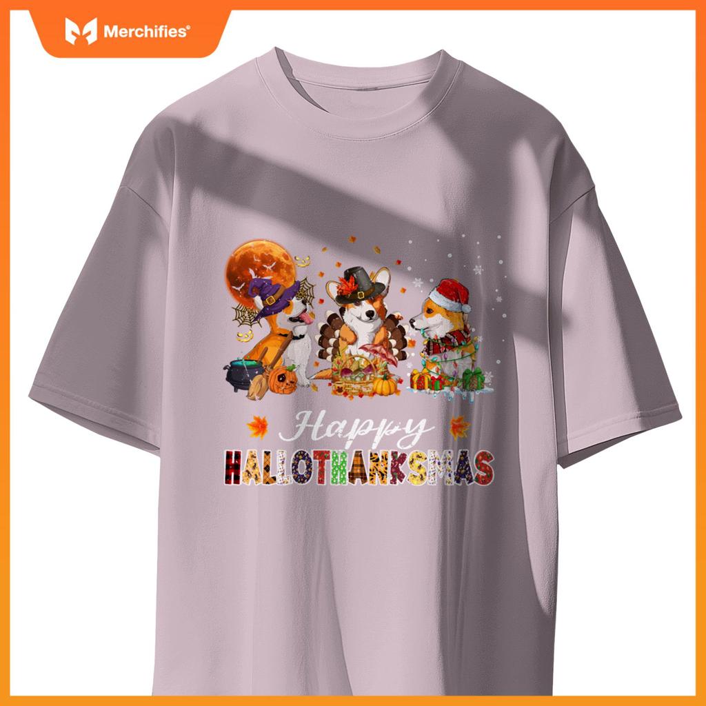 Corgi Dogs Halloween Thanksgiving Christmas Hallothanksmas T-Shirt