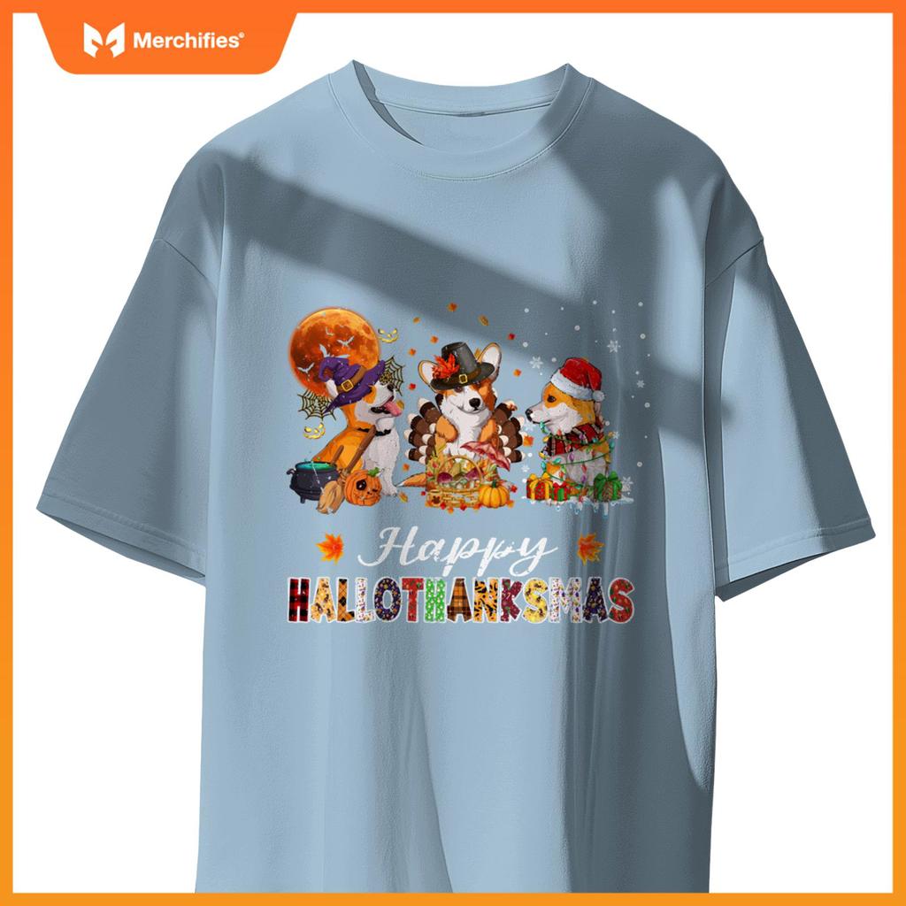 Corgi Dogs Halloween Thanksgiving Christmas Hallothanksmas T-Shirt