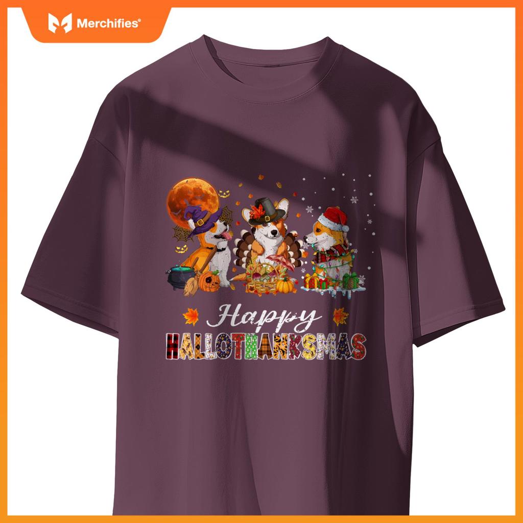 Corgi Dogs Halloween Thanksgiving Christmas Hallothanksmas T-Shirt