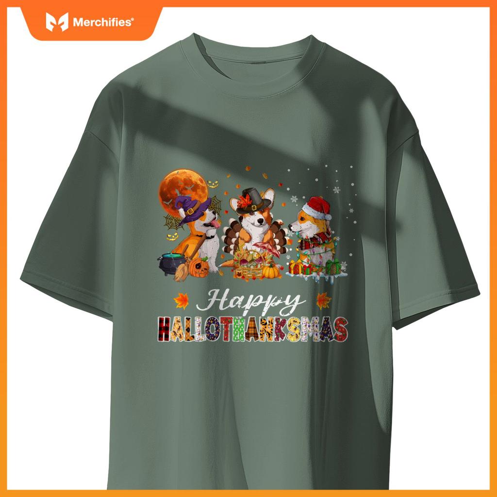 Corgi Dogs Halloween Thanksgiving Christmas Hallothanksmas T-Shirt