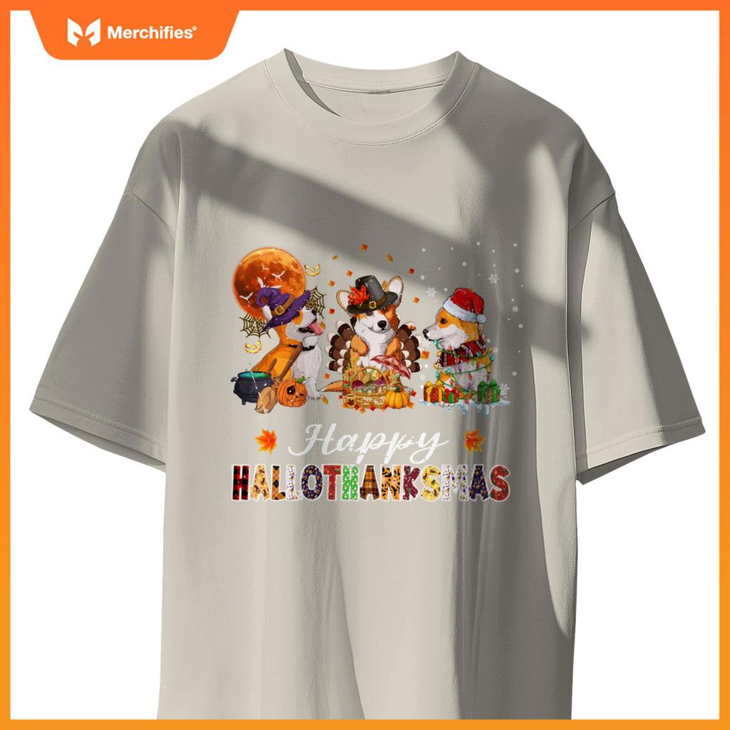 Corgi Dogs Halloween Thanksgiving Christmas Hallothanksmas T-Shirt