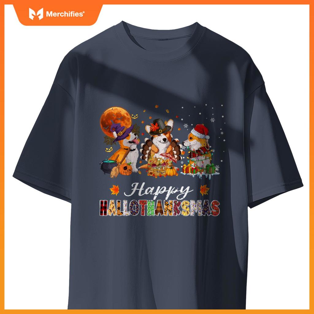 Corgi Dogs Halloween Thanksgiving Christmas Hallothanksmas T-Shirt